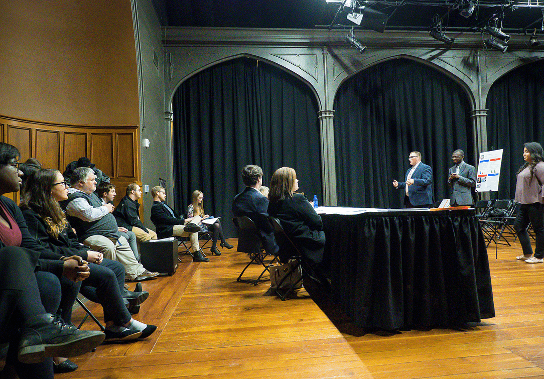 Mercer students in the Campaigns and Elections course present their group projects to political consultants and their peers during the Nov. 27 event at Tattnall Square Center for the Arts