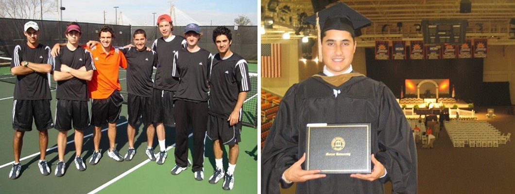 LEFT: Ricardo Echeverri is shown with the Mercer tennis team. RIGHT: Echeverri is pictured at his Mercer graduation