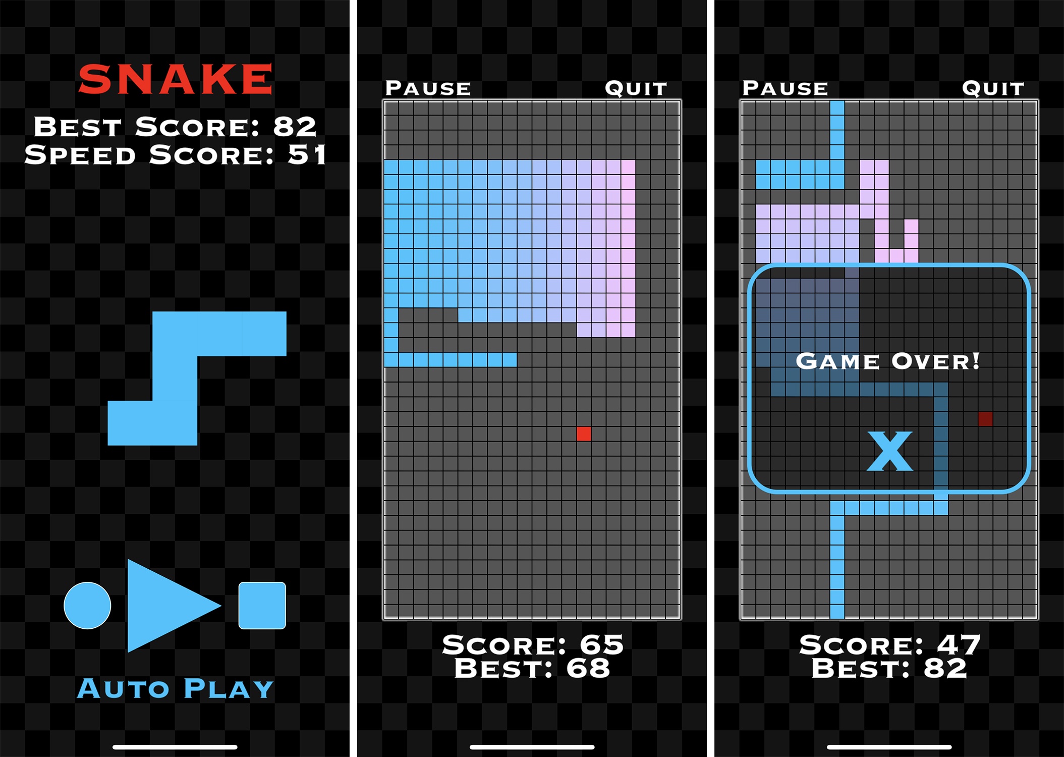 These screenshots show the snake game app that Brady Simon developed, which won him a scholarship to attend the Apple Worldwide Developers Conference in June.