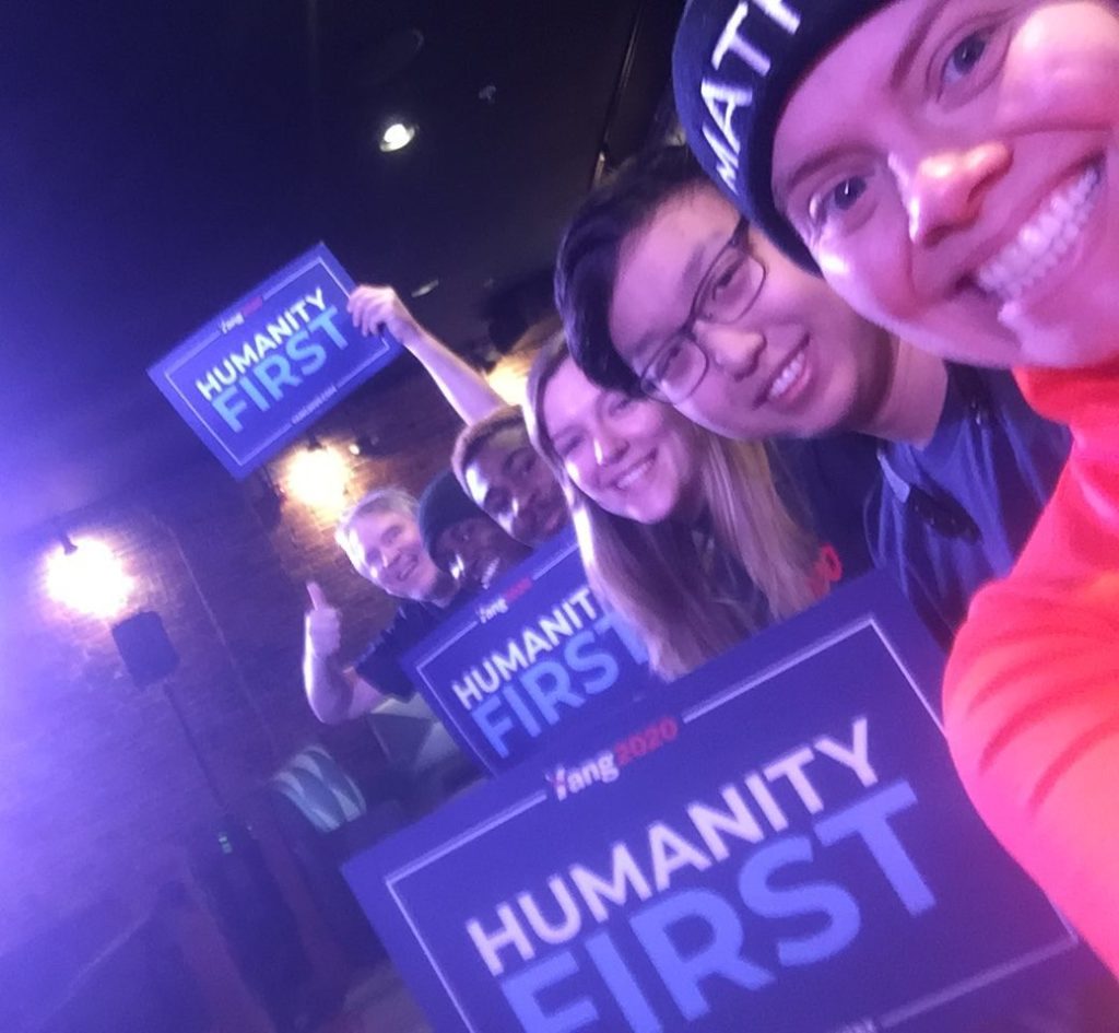 Dr. Jack Black and Mercer students are shown at a campaign rally for Democratic presidential candidate Andrew Yang in New Hampshire.